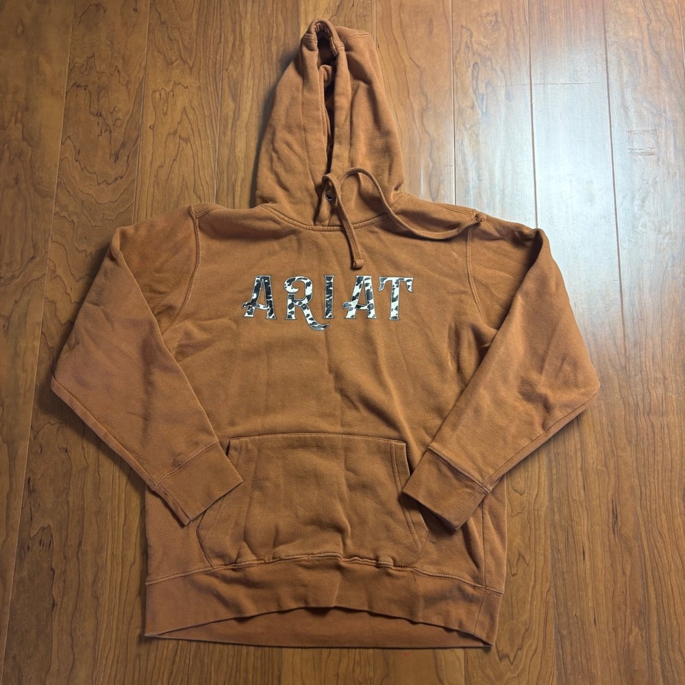 Ariat REAL Womens Cow Print Logo Hoodie Brown Clay Western Sweatshirt Medium